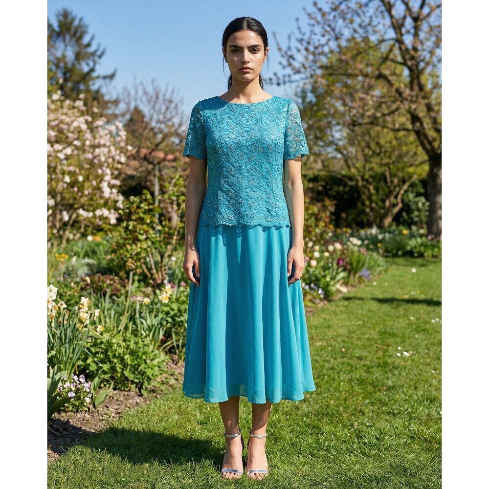 Sally Fashion #8799 Short Chiffon and Lace Formal Dress-Size 3X-Turquoise-NWT
